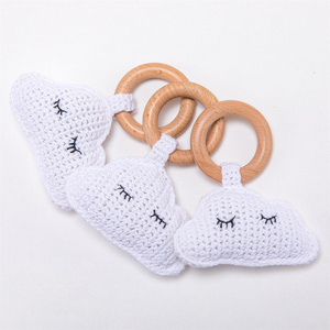 Accessoires de pendentif pour attache-sucette de tapis de jeu pour bébé, faits main, en laine, anneau en bois, crochet, motif nuage souriant, pour cadeau DIY - Product Image 3