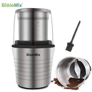 Biolomix moedor de especiarias e grãos de café, aço inoxidável, moedor elétrico de copos duplos 2 em 1, 300w, corpo e lâminas retas, bio