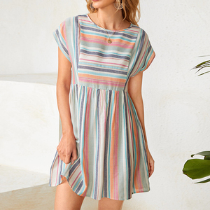 <span class=keywords><strong>Robe</strong></span> Mini en <span class=keywords><strong>Lin</strong></span> Tissé à Rayures Manches Chauve-Souris Design Mignon Taille Haute Naturelle <span class=keywords><strong>Robe</strong></span> d'Été pour Femmes Livraison Gratuite Numérique - Product Image 1