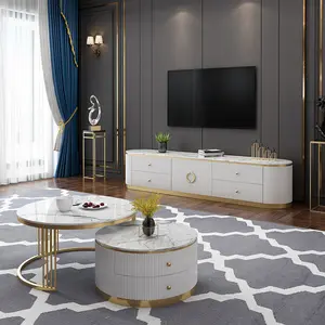 Meuble TV de luxe en acier inoxydable, or brillant, ensemble de table basse et support TV, pour salon