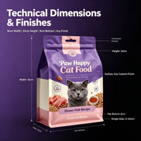 Sachet alimentaire pour chat à fond plat, imprimé sur mesure, à huit soudures latérales, avec fermeture éclair, haute barrière, en feuille d'aluminium, avec trou de suspension Euro, 1kg 5kg.