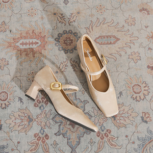 Satin Mary Jane Shoes Square Toe <b>Block</b> Heel Buckle Strap Med Heel All Seasons Women's Pumps High Heeled Shoes - Product Image 4