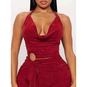 Ensemble deux pièces rouge personnalisé 2026 pour femme, haut dos nu et pantalon à nouer, tenue de soirée sexy en tissu crêpe respirant - Product Image 5