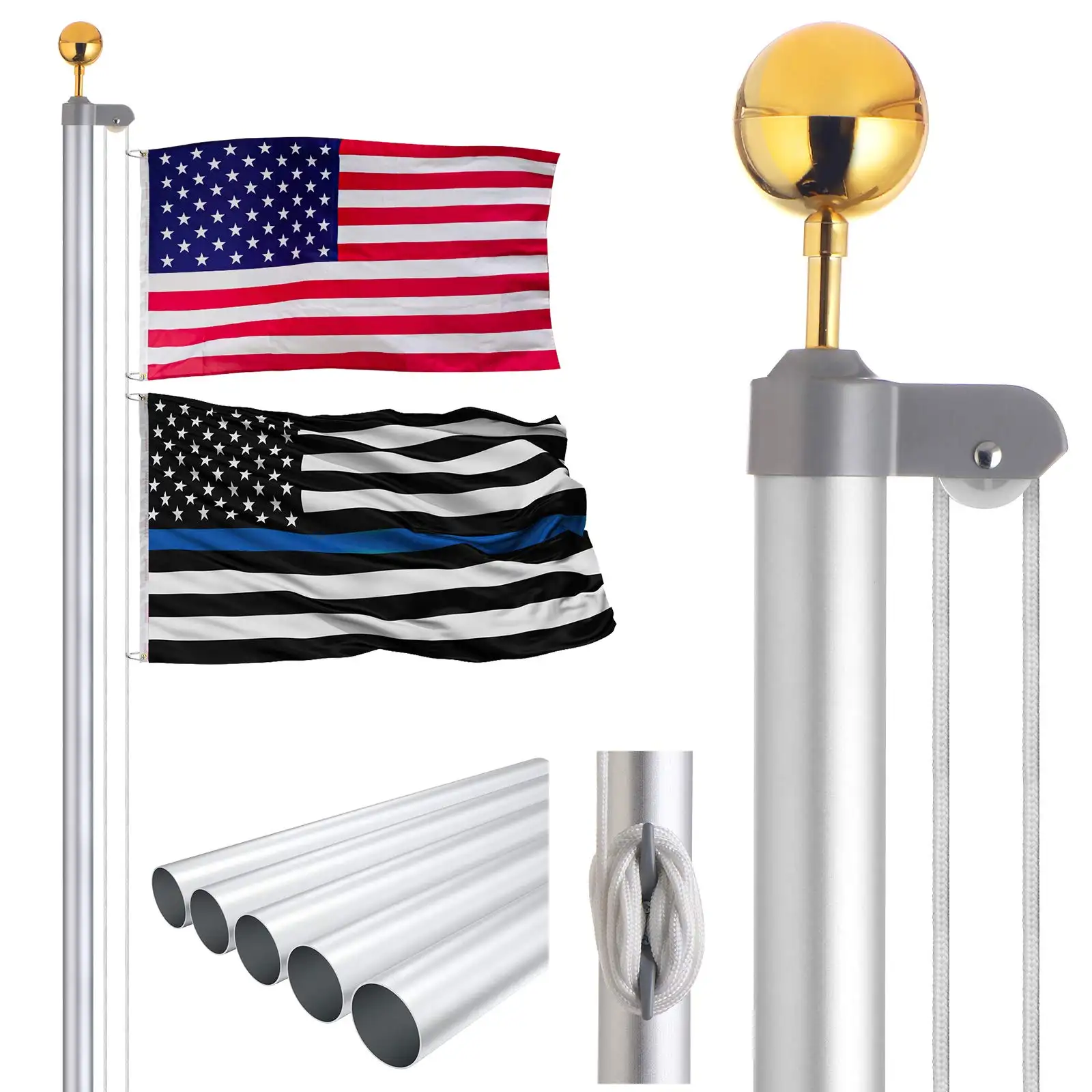 CYDISPLAY 6m Silver 20FT Flagpole 20 foot flagpole ceremonial Heavy Duty Aluminum Adjustable Collapsible Sectional Flag Pole