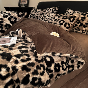 Leopard Print Milk Fleece <b>Bedding</b> <b>Set</b> Double-Sided Winter Coral Fleece Thickened Light Luxury Style - Product Image 1