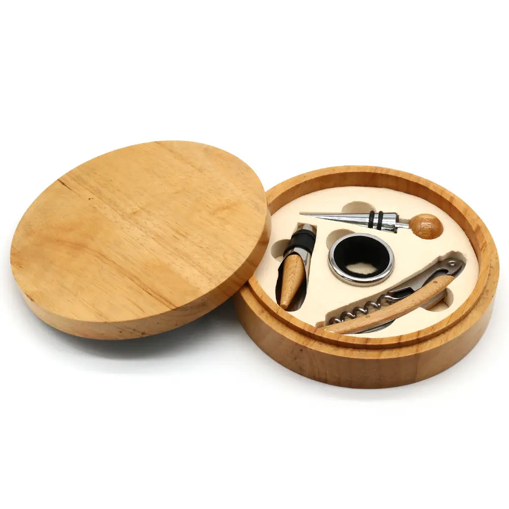 UUHOM 4pcs Round Bamboo Box Wine Opener Gift Set Box with Wine Accessories Stopper  Pourer  Ring