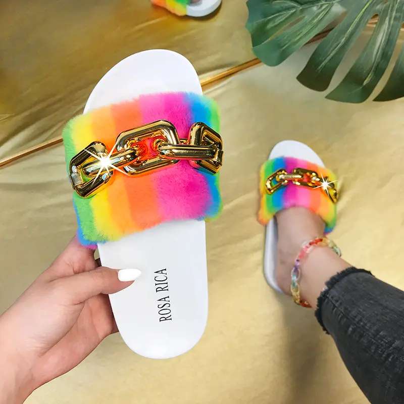 Furry Rainbow Fur Slides Plush Slippers Gold Chain Luxury Faux Fur Slippers Slip On Flats Women Fashion Home Shoes