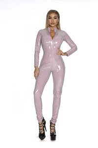 Sexy PU Leather Catsuit <strong>Bodysuit</strong> Women's Hot Metallic Zip Front Mock Neck Catsuit <strong>Bodysuit</strong> - Halloween Adult Costume - Product Image 4