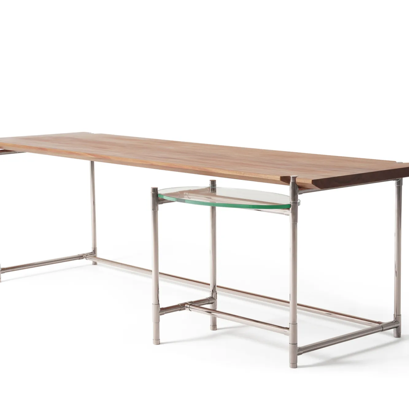 Moderne Luxe Directeur Tafel Stalen Structuur Mahoniehouten Bureau Met Glasplaat Moedertafel