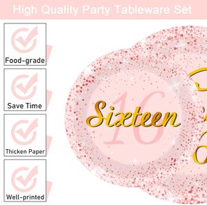 Top Grades 7 Pouces 16 Anniversaire Fantaisie Assiettes En Papier Merveilleuse Qualité Rose Feuille D'or Moderne Partie Vaisselle Décorations De Table - Product Image 2