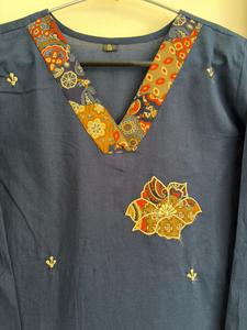 Ensemble Salwar Kameez en coton bleu pour femmes, tenue traditionnelle indienne/pakistanaise pour les fêtes, vêtements d'été, longueur cheville, coupe régulière, design brodé - Product Image 4