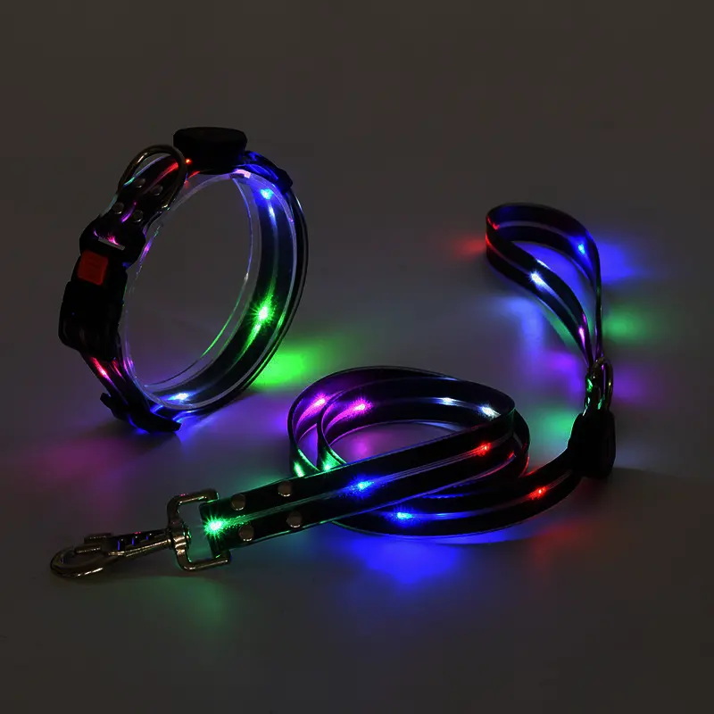 Hochwertiges usb wiederaufladbares Halsband und Leine einstellbares LED-LICHTSCHLICHTSCHLICHTSCHLINDE Nylon-Haustierleine