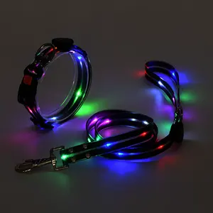 Di alta qualità USB ricaricabile collare e guinzaglio regolabile LED luce fino lampeggiante guinzaglio cane guinzaglio guinzaglio in Nylon Pet