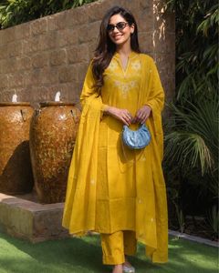 Conjunto Étnico Indio/Pakistaní para Mujer, Elegante, de Algodón Amarillo, de Secado Rápido, Suave, Transpirable y Cómodo, para Uso Diario Informal - Product Image 2