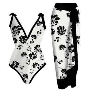 NEW STOCK 4Colors V-NECK Print Brand Name Two Pieces Swimsuit Popular XL One Piece Swimwear Beach Sarong