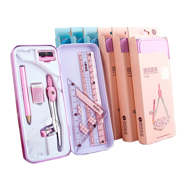 Wholesale Customized Stationery Ruler Math Suit Students School Drawing 8 Pieces Compass Ruler Pencil Set