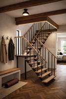 Escalier intérieur moderne en acier et bois avec garde-corps en câble de verre pour escaliers droits dans le salon