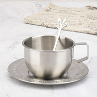 Ensemble de tasses à café en acier inoxydable avec soucoupe et cuillère, 250 ml, 304 18/8, finition brossée, motif clé grecque, poignée feuille, or argent