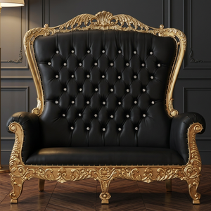 Black <b>Gold</b> Victorian Tufted Leather Loveseat Antique Style Living Room Chair - Product Image 1