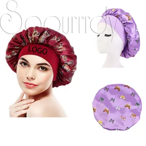 Topi Tudung Motif Sutra Logo Kustom dan Topi Tidur Bertepi Lebar Topi Pembungkus Rambut Cantik untuk Wanita Kulit Hitam