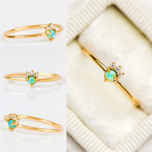 Aço inoxidável jóias banhado a ouro verde moda dedo anéis gemstone delicada anel opala natural - Product Image 3