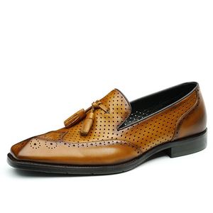 Mocasines de Cuero Genuino Negro con Borlas, Punta Cuadrada, Transpirables, Sin Cordones, Zapatos Casuales de Vestir para Hombre de Verano - Product Image 1