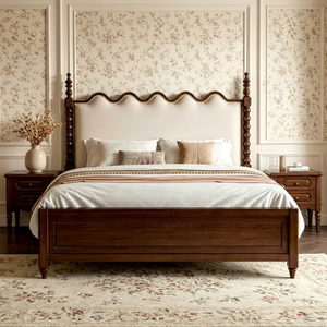 Premium <b>Queen</b> <b>Size</b> Scalloped Upholstered <b>Bed</b> With Spindle Posts & Nailhead Trim For Bedroom - Product Image 1