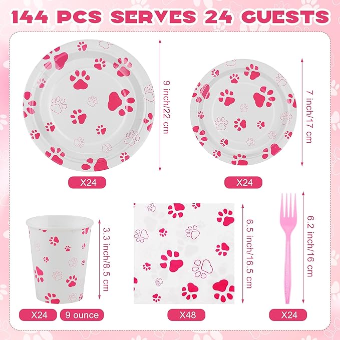 Ensembles de vaisselle de fête à motif de pattes roses *144