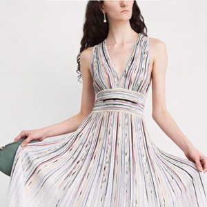 Abito Estivo Elegante da Donna, Nuovo Arrivo, Modello A-Line, Sexy con Scollo a V, Senza Maniche, Lunghezza Maxi, Casual a Righe con Volant, Naturale ODM - Product Image 3