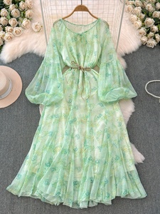 Vestido Largo de Gasa con Cuello Redondo y Estampado Floral, Estilo Primavera-Otoño, Elegante y con Atitude, Ideal para la Hora del Té - Product Image 3