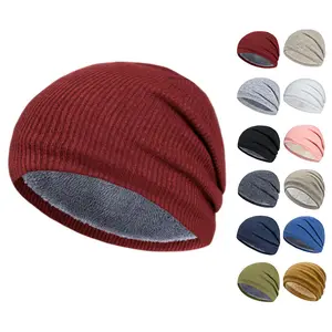 Autumn Winter Windproof Cashmere Solid Color Striped Elastic Warm Jumper Wool Knitted Hat For Women And Men