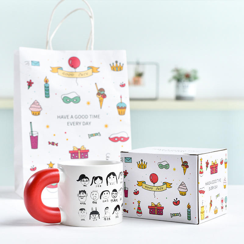 Matte white chubby cup with red handle tote bag cartoon color box