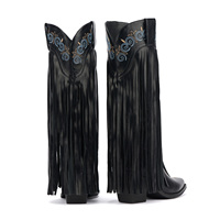 Bottes d'hiver classiques personnalisées, brodées, à talon carré en bois, style cowgirl, avec pompons et franges noires, montantes au-dessus du genou, pour automne/printemps