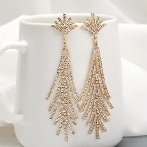 Boucles d'oreilles pendantes en strass pour femmes, bijoux fins faits à la main, plaqué or, tendance, vente en gros