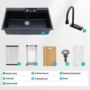 Ensemble d'évier de cuisine moderne sous plan 33x19 pouces, évier simple en <span class=keywords><strong>granit</strong></span> composite de quartz noir avec égouttoir - Product Image 2