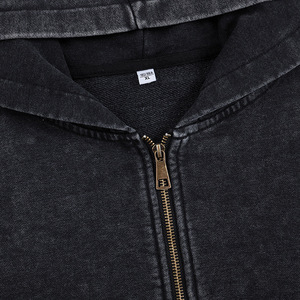 Sweat à capuche zippé personnalisé avec logo brodé OEM TKAN6746, doublure à carreaux, poids lourd, effet vintage, noir, coupe oversize, streetwear homme - Product Image 2