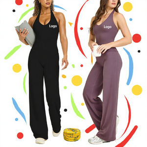 Custom V Neck Halter Yoga Set Seamless Workout Tank and Flare Pants Fitness Pilates Activewear - Product Image 3