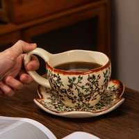 Tasse à latte vintage peinte à la main et cuite au four, exquise tasse de voyage florale avec soucoupe, ensemble tasse et soucoupe à café en céramique de style américain