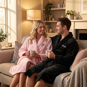 Albornoz de Invierno de Lujo Cálido 100% Poliéster de Felpa Polar Unisex - Albornoz Ultra Suave con Cuello Chal para Parejas, para el Hogar, Rosa y Negro - Product Image 3