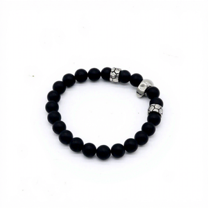 Yunnique Fashion Round Beads Bracelet 8mm <b>Matte</b> Black Agate with Antique Metal Skull Tibetan Silver Skeleton Design - Product Image 6