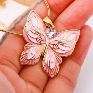 Kalung Perhiasan halus mode kalung emas 18K baja Titanium kalung kupu-kupu besar antik lapis merah muda