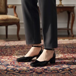 Escarpins classiques noirs en cuir verni pour femme, à bout <span class=keywords><strong>carré</strong></span>, <span class=keywords><strong>talon</strong></span> <span class=keywords><strong>carré</strong></span>, sandales à bride cheville, chaussures de bureau, talons hauts formels - Product Image 4