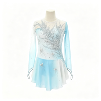 Robe de patinage et de danse dégradé bleu clair pour enfants et adultes, en maille transparente à manches longues, dos découpé avec strass, pour compétition et spectacle de patinage sur glace
