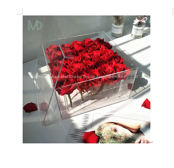 Pot de fleurs transparent à 2 niveaux, boîtier en acrylique avec couvercle, Vase d'exposition de roses de mariage