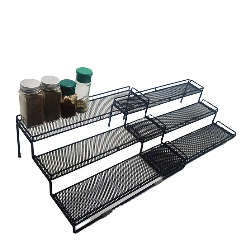 Estante negro extensible de 3 niveles para especias, organizador ajustable para condimentos de cocina, malla metálica