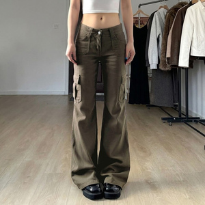 Jeans Rectos de Cintura Baja Estilo Cargo Retro Americano Verde Oliva, Pantalones Largos Casuales de Moda Urbana para Mujer - Product Image 3