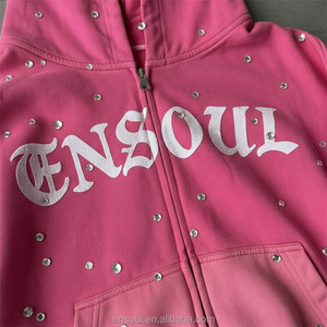Sweat à capuche unisexe en coton 100% de haute qualité pour hommes, 400 g/m², streetwear, hip-hop, délavé à l'acide, avec strass, surdimensionné, fermeture éclair, effet délavé au soleil - Product Image 2