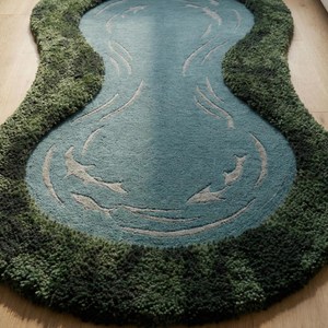 Nature Inspired Moss Blue Koi <b>Fish</b> Wool Area Rug Irregular Hand Tufted <b>Pond</b> Design Carpet for Living Room Bedroom Nursery Bulk - Product Image 2