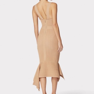 เดรสทรงเอเข้ารูป คอวีลึก ดีไซน์ทันสมัย ผ้าริบถัก ยืดหยุ่น กระชับรูปร่าง สไตล์ลำลอง สำหรับฤดูใบไม้ร่วง สีพื้น ความยาวปานกลาง - Product Image 3