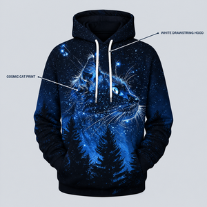 Sweat à capuche décontracté pour homme Cosmic Cat Art, imprimé 3D champ étoilé et silhouette de forêt, coupe régulière, style automne - Product Image 2